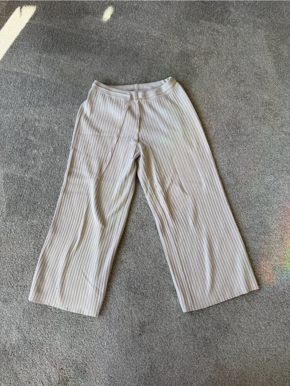 Ribbed Knit Wide-Leg Pants in Light Cream